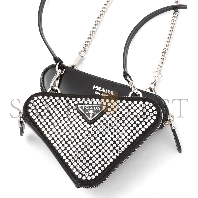 Pra*a triangular embellished satin and leather mini-pouch 1nr015 (15*15*10cm)